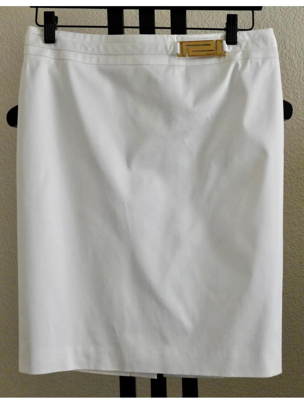 Versace Off White Pencil Skirt Gold Medusa Buckle Italy 42
